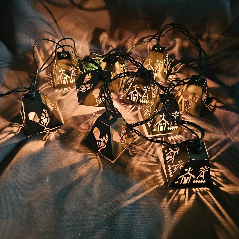 Vintage Rustic Metal Farmhouse Lantern String Lights Rooster Barn Windmill 10ct